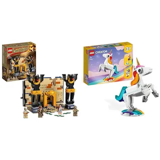 LEGO 77013 Indiana Jones Flucht aus dem Grabmal Konstruktionsspielzeug & 31140 Creator 3in1 Magisches Einhorn Spielzeug, Seepferdchen