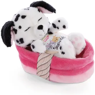 NICI 47891 Kuscheltier Körbchen 12 cm – Sleeping Pets Plüschtier Dalmatiner für Mädchen, Jungen & Babys – Stofftier Hund zum Kuscheln, Spielen & Schlafen – Gemütliches Schmusetier, weiß