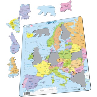 Larsen A8 Europa Politische Karte für jüngere Kinder, Deutsch Ausgabe I Rahmenpuzzle mit 37 Teilen I Puzzle für Kinder im Alter von 4-12 Jahren | Kinder Entwicklung | Hergestellt in Norwegen