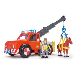Simba 109258280 - Feuerwehrmann Sam Phoenix mit Figur und Pferd, 23cm, Mit Sam Figur und Pferd, Ausfahrbarer Kran, Mit Blaulicht