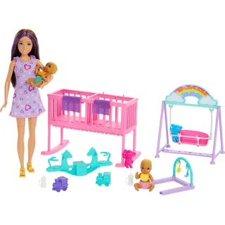 Barbie Skipper-Puppe und Kinderzimmer mit Zubehör, enthält Zwillingsbabypuppen, 1 Bettchen, 1 Schaukel, 1 Wippe und mehr, HXM99