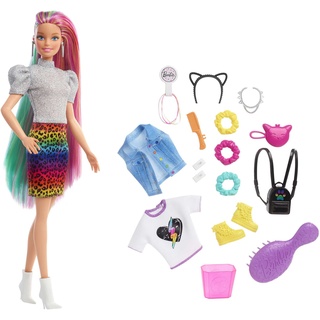 Barbie-Puppe Leopard mit regenbogenfarbenen Haaren, Barbie-Puppe mit blonden und regenbogenfarbenen Haaren, Barbie-Kleidung, Barbie-Accessoires, 16 Teile, 1 Barbie-Puppe inklusive, GRN81