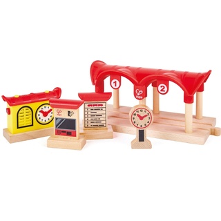 Hape Spielzeugeisenbahn-Gebäude Bahnhof mit Aufnahmefunktion, (Set, 5-tlg), aus Holz bunt