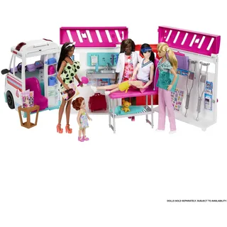 Barbie 2-in-1-Krankenwagen Spielset, Rettungswagen mit Lichtern und Geräuschen, umwandelbar in Pflegeklinik, 20 Puppenzubehör, Spielzeug ab 3 Jahren, HKT79