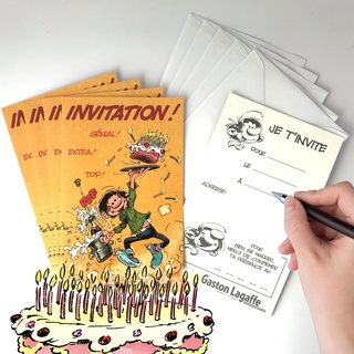 5 Einladungskarten Gaston Lagaffe + 5 weiße Umschläge 9 x 14 cm - Text I lade you to ... (blow my candles) (Datum) bei (Zeit) Adresse Party Tea Cake Bubbles IV5020 S5