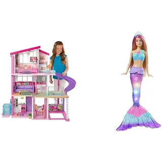 Barbie Puppenhaus, Barbie Traumvilla (ohne Barbie Puppe), komplett möbliert & Dreamtopia Meerjungfrau, Barbie Meerjungfrau mit rosa Haaren