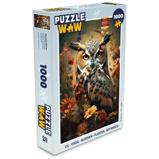 MuchoWow Puzzle Eule - Vogel - Blumen - Botanisch, 1000 Puzzleteile, Foto-Puzzle, Bilderrätsel, Puzzlespiele, Klassisch bunt