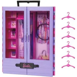 MATTEL HJL65 Barbie Kleiderschrank mit Tragegriff (lila/rosa) ausklappbar mit Zubehör