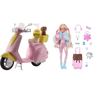 Barbie DVX56 FRP56 Motorroller, pink & Extra Fly - Reisepuppe mit Winter-Outfit und Zubehör, 15 Accessoires wie Ohrenschützer, Handschuhe, Skibrille und Koffer, für Kinder ab 6 Jahren, HPB16