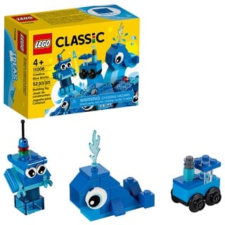 LEGO 11006 Classic Blaues Kreativ-Set, kreatives Spielzeug ab 4 Jahren mit Spielzeug-Wal, Zug, Roboter, Geschenk für Kinder Steine-Box mit Bausteinen