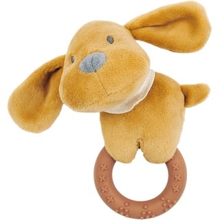 Nattou Kuscheltier-Rassel, Hund Charlie, Für zuhause oder unterwegs, Mit Silikonring, Ca. 15 cm, Vegan, Flanell, Baumwolle/Polyester, Karamell