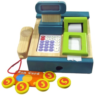 ESTIA Holzspielwaren Kaufladensortiment Kaufladenkasse aus Holz mit Scanner und Taschenrechner, für Kaufläden, lehrreich durch realitätsnahes Spiel grün