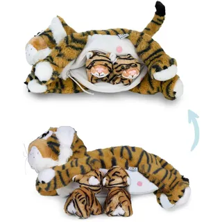 Mamanimals Tiger Kuscheltier mit 2 Baby Tiger, Babys im Bauch mit Reißverschluss verstaubar, magnetische Zitzen zum Säugen, hochwertiges Plüschtier Set für Kinder