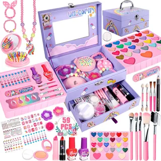 Purpledi Kinderschminke Schminkkoffer Mädchen Schminke Kinder - 59pcs Waschbar Schminke Kinder Make Up Set Mädchen Spielzeug Weihnachts Geburtstags Geschenke für Mädchen 4 5 6 7 8 9 10 11 12 Jahre