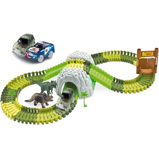 Amewi 100651 Rennbahn Magic Traxx, Autorennen im Dino Park, 374 Teile Mega Set mit Tunnel und Aufbewahrungsbox