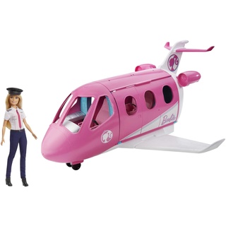 Barbie Flugzeug mit Pilotin Puppe, mit beweglichen Räder und 15x Zubehör inkl. Haustier und Trolley, in rosa, Spielzeug ab 3 Jahre, GJB33