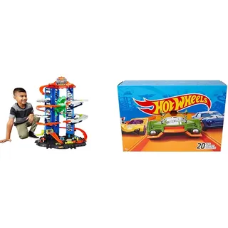 Hot Wheels GJL14 City Robo T Rex Megacity Parkgarage mit Spielzeug Dinosaurier inkl. 2 Spielzeugautos & DXY59 20er Pack 1:64 Die-Cast Fahrzeuge Geschenkset, je 20 Spielzeugautos