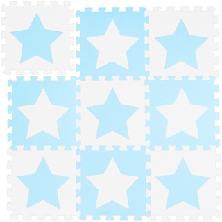 Relaxdays Puzzlematte Sterne, 9 Stück, 18 Teile, EVA Schaumstoff, schadstofffrei, Spielunterlage 91 x 91 cm, weiß-blau