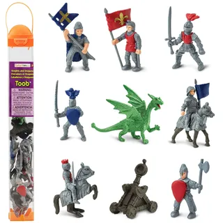 Safari Ltd. Ritter & Drachen Toob - Set mit 10 Miniaturfiguren: Rote & Blaue Königsritter, Katapult und Grüner Drache - Geschichts-Lernspielzeugfiguren für Jungen, Mädchen & Kinder ab 3 Jahren