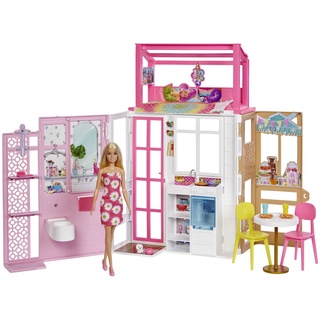 Barbie-Puppenhaus (70,6 x 51,4 cm) mit 4 Spielbereichen, komplett eingerichtet mit Barbie-Accessoires & Möbeln, 360° drehbar, klappbar, ohne Barbie-Puppe, Geschenk für Kinder ab 3 Jahren, HHY40