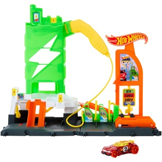 Hot Wheels City Superladung Tankstelle-Spielset mit Ladestationen für Elektrofahrzeuge und Spielzeugauto im Maßstab 1:64, HTN79