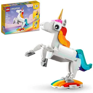 LEGO Creator 3 in 1 Magisches Einhorn Spielzeug, Verwandelt von Einhorn zu Seepferdchen zu Pfau, Regenbogen Tierfiguren Einhorn Geschenk für Enkelkinder Mädchen Jungen Spielzeug zum Zusammenbauen