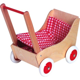 Holz-Puppenwagen karo rot / weiß, ca. 50 cm