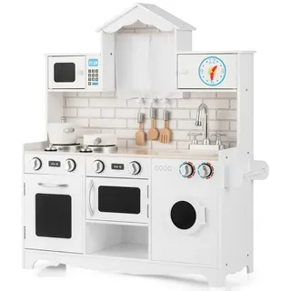 COSTWAY Spielküche Kinderküche, aus Holz, mit Zubehör & Waschmaschine weiß