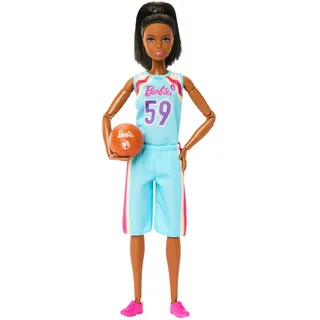 Barbie Made to Move Puppe und Accessoires, brünette Basketballspielerin mit abnehmbarem Sportdress mit Ball, 22 bewegliche Gelenke, HKT74