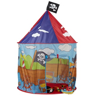 Relaxdays 10022458 Piraten Spielzelt für Jungen, Kinderzelt mit Piratenflagge ab 3 Jahren, Spielhaus H xD 130 x 100 cm, rot-blau