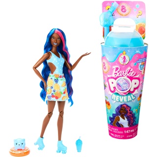Barbie Pop Reveal Fruit - Puppe mit blauen Haaren im Fruchtpunschduft, 8 Überraschungen, duftendes Squishy-Hündchen, Farbwechsel im Haar und Make-up, für Kinder ab 3 Jahren, HNW42