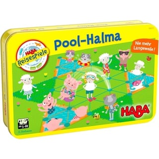 Pool-Halma (Kinderspiel): 2 Magnet-Spielpläne, 18 magnetische Tiermarker, 3 magnetische Wettläufer in 3 Farben, 1 Startpfeil, 1 Spielanleitung