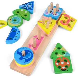Weinsamkeit Montessori Spielzeug ab 1 2 3 Jahre, Sortier und Stapelspielzeug aus Holz für Kleinkinder, Stapelspielzeug Farben Formen, Pädagogisches sensorisches Spielzeug,Farberkennun