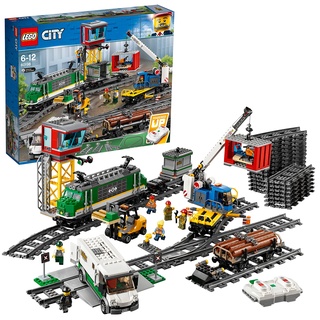 LEGO City Güterzug, Set mit batteriebetriebenem Motor, Bluetooth-Fernbedienung, 3 Wagen, Gleise und Zubehör 60198