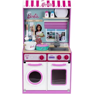 Theo Klein 7312 Barbie Holzküche mit integriertem Puppenhaus 2 in 1 I Spielküche mit Herd, Waschmaschine und Zubehör I Maße: 45 cm x 40 cm x 85 cm I Spielzeug für Kinder ab 3 Jahren