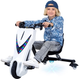 Elektro-Drift-Trike für Kinder, Drift-Scooter, bis zu 15km/h, drosselbar, Hupe, LED-Driftrollen 360° (Weiß Matt)