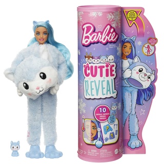 Barbie HJL63 - Cutie Reveal Winter-Schneeflocken Serie-Puppe mit Husky-Plüschkostüm und 10 Überraschungen inklusive kleinem Haustier und Farbwechsel, Geschenk für Kinder ab 3 Jahren