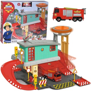 Simba Feuerwehrmann Sam Feuerwehrwache mit Die-Cast-Kette + Jupiter-Feuerwehrauto, Mehrfarbig