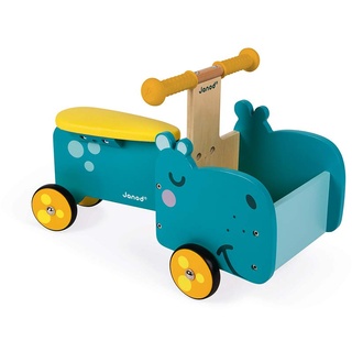 Janod - Hippopotamus Wooden Ride-On for Children - Ergonomic Handles and Silent Wheels - Storage Compartment - Learning Balance - For children from the Age of 1, J08003, Blue and Yellow