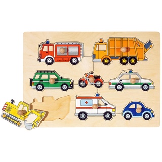 Goki FI-02808 Steckpuzzle 8-teilig Natürlicher Holzhintergrund | Kinder Holzpuzzle mit Feuerwehr, Polizei, Bagger & weiteren, Black, Spielzeug ab 1 Jahr
