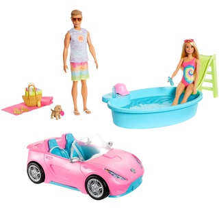 Barbie GJB71 - Geschenkset mit Cabrio, Pool mit Rutsche, Puppe und Ken-Puppe in Badebekleidung, mit Moden und Zubehör, Geschenk für Kinder von 3 bis 7 Jahren