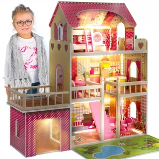 Kinderplay Puppenhaus Holz Gross, Puppenvilla - Barbie Traumvilla, Barbie Puppenhaus, Led - Licht und Zubehör, Set 90 cm Hoch mit Terrasse, Garage, GS0020