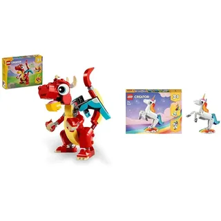 LEGO Creator 3in1 Roter Drache, Spielzeug mit 3 Tierfiguren inkl. Roter Drache & Creator 3in1 Magisches Einhorn Spielzeug, Seepferdchen, Pfau, Regenbogen-Einhorn-Tierfiguren