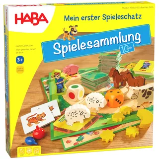 Haba 4278 - Mein erster Spieleschatz Die große Haba-Spielesammlung, 10 unterhaltsame Brett-, Memo- und Kartenspiele ab 3 Jahren in einer Packung, Kindgerechtes Spielmaterial aus Holz