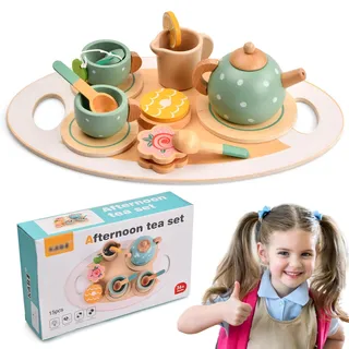 Wisebom 14 Teiliges Teeservice Kinder aus Holz, Teeservice Kinderküche Zubehör Tee Party Rollenspiele Spielgeschirr Tee Set Holzspielzeug Geschenk für Kinder Mädchen Jungen