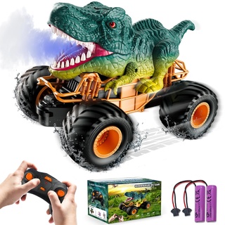 BOBOTATA Ferngesteuertes Auto Kinder Monster Dinosaurier Truck Spielzeug ab 3 4 5 6 7 8+ Jahre, 2.4 GHz mit Licht, Klang, Sprühen, All Terrain RC Cars Spielzeug Geschenke für Jungen Mädchen