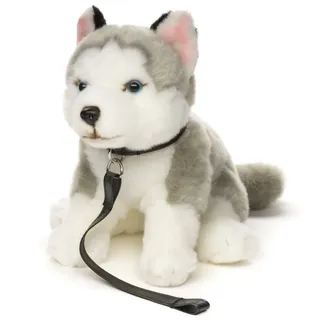 Uni-Toys Kuscheltier Husky grau, sitzend (m. Leine) - Höhe 24 cm - Plüsch-Hund, Plüschtier, zu 100 % recyceltes Füllmaterial