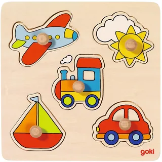 Goki 57547 Steckpuzzle Meine Reise aus Holz, kinderfreundliche Motive wie Sonne, Auto, Traktor, Flugzeug, Schiff – Großknopf-Puzzle und Lernspiel für Kinder, 5-er Set, ab 1 Jahr, 21cm x 21cm