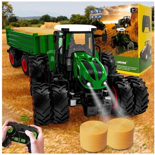PENGBU RC RC-Traktor Ferngesteuerter Traktor mit Anhänger, Traktor Spielzeug ab 3 4 5 Jahre (Set, Komplettset), Traktor Ferngesteuert Ackerschlepper mit Licht und Sound grün