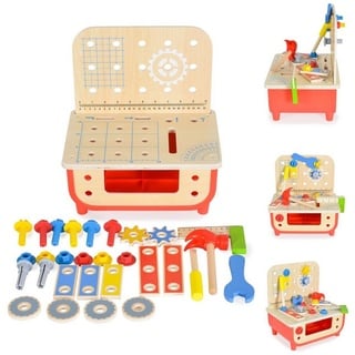 Tooky Toy Spielwerkzeug Kinder Holz Werkbank TF797, Kinderwerkzeug, Hammer, 31 Teile, Schrauben rot